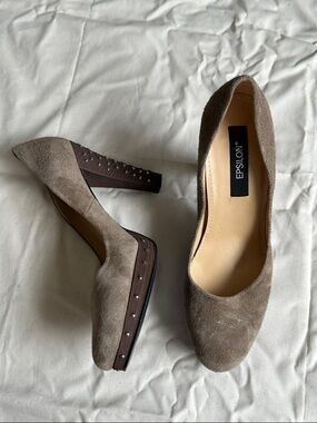 Taupe Suede Studded Platform Pumps